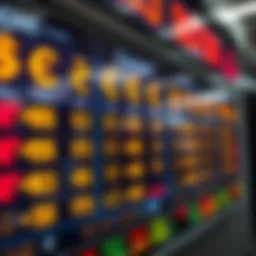 A digital display showcasing various currency symbols and their exchange rates