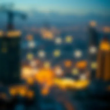 A close-up of a blockchain network representation with interconnected nodes